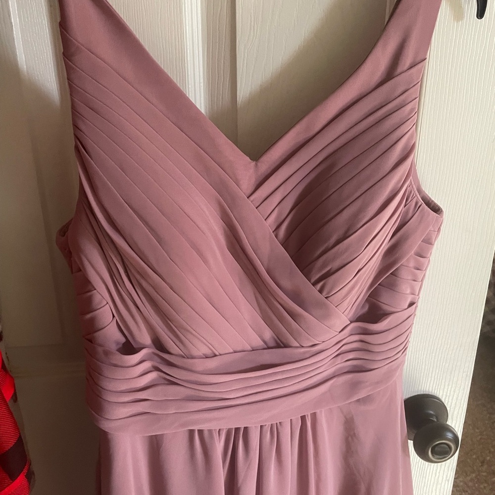 Mauve colored Azazi bridesmaid dress